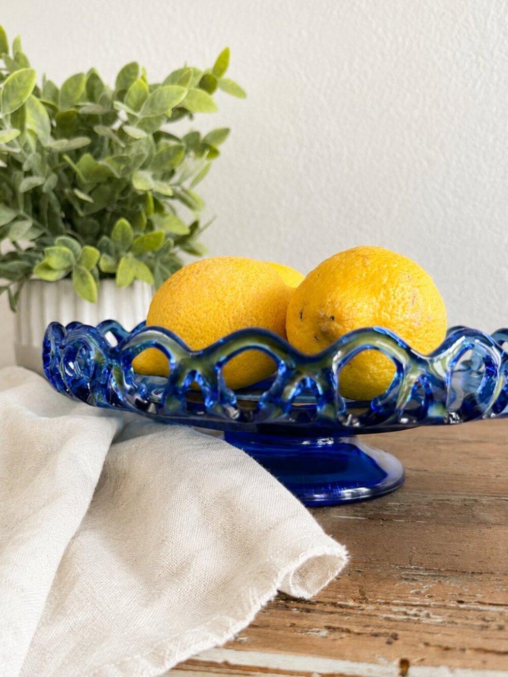 Vintage Cobalt Blue Glass Compote / Pedestal Dish with Open Lace Edge